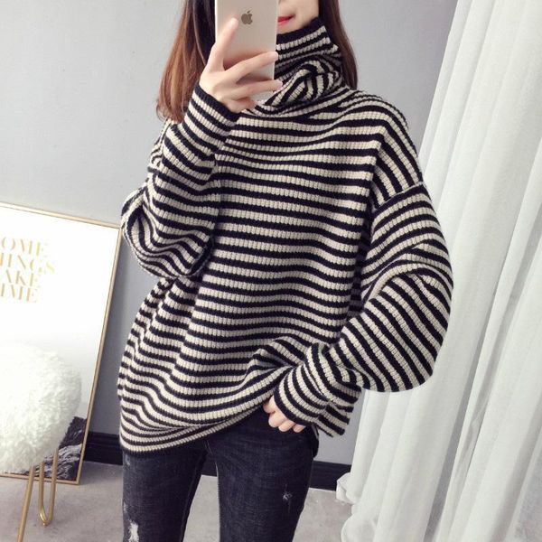 

ins fashion wome loose sweaters winter turtleneck knit stripe women clothing women's, White;black