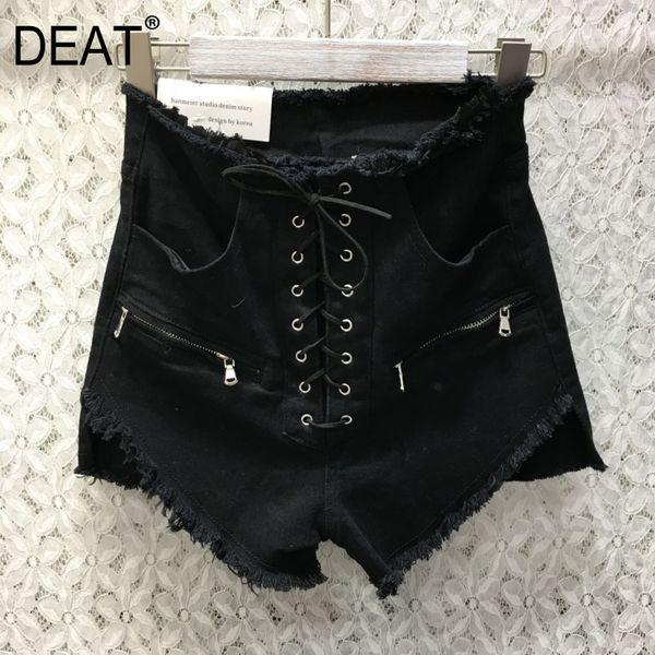 

[deat] solid high waist cross bandage zipper rough edge jeans short pants streetwear new fashion tide summer gx816 210428, White;black