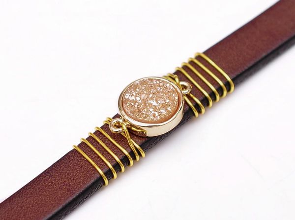 

tennis natural fashion druzy elegant beige gemstone handcraft leather bracelet cuff wristband bangle men women brown, Golden;silver