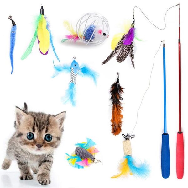 

small animal supplies 10pcs/set pet toy retractable funny stick feather bell interactive suit teaser stretch fishing rod play wand toys