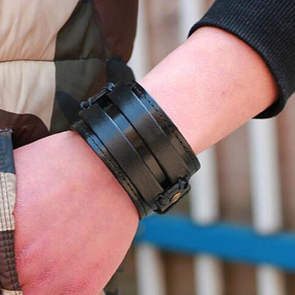 

bangle punk vintage black coffee charm wide big bracelet men women pu leather jewelry solid color simple rock