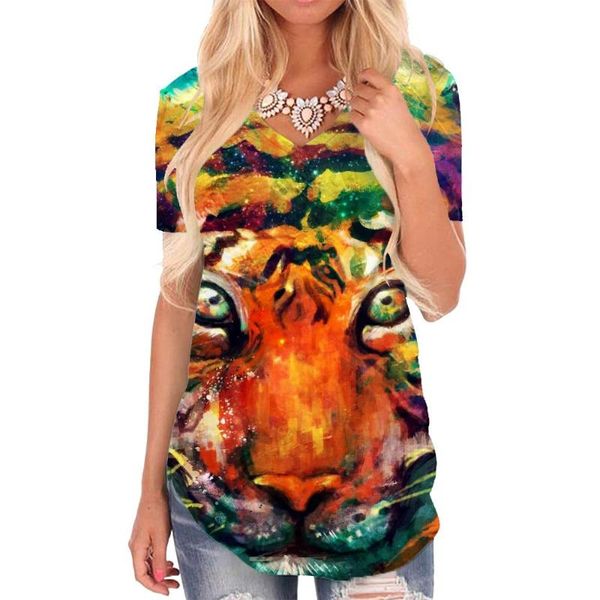 

women's t-shirt giyu brand tiger t shirt women animal v-neck tshirt colorful print graffiti tshirts printed womens clothing hip hop loo, White