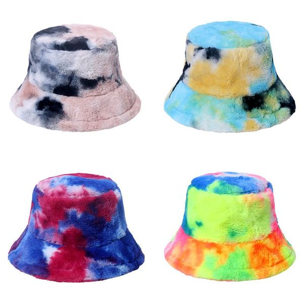 

wide brim hats 2021 fashion tie dye winter faux fur bucket hat women outdoor thick warm fisherman lady girl travel plush basin cap panama, Blue;gray