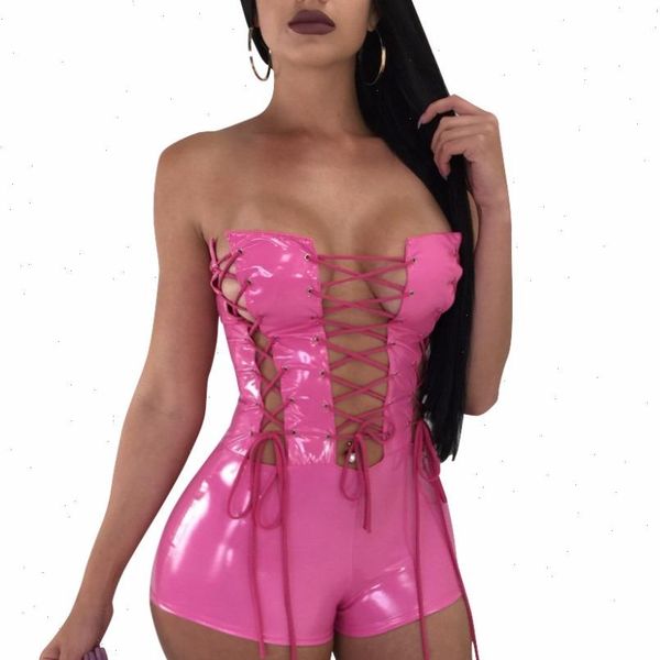 

european fashion lace up women jumpsuit rompers pu skinny bodysuit shorts feminino strapless playsuits b9064, Black;white