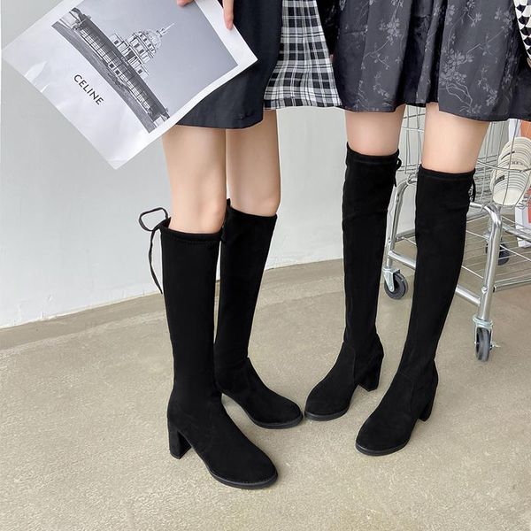 

boots 2021 autumn thigh high sock women fashion shoes heels soft flock black over knee