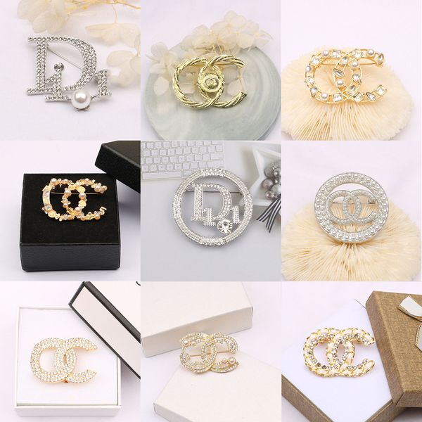 

wholesale 20colors fashion famous brand designer brooch double letter gold silver tassel pearl luxury couples women men rhinestone suit pin, Gray