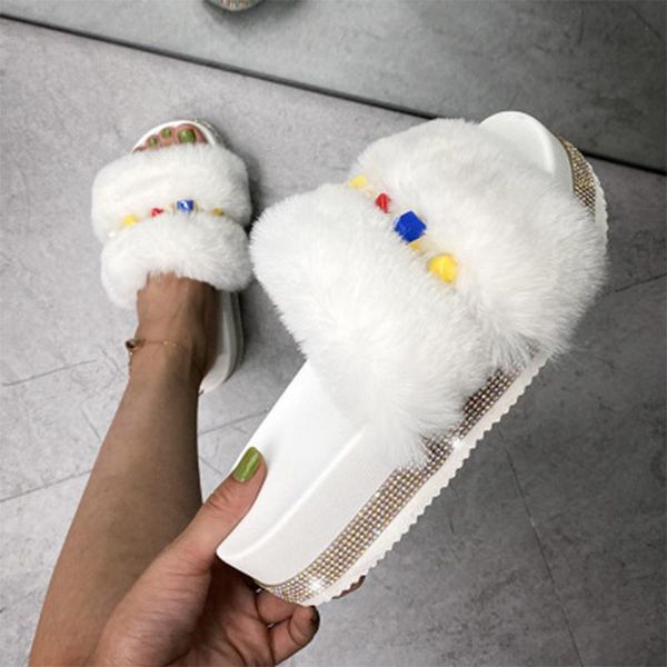 

women ins crystal fur slipper 2021 woman thick bottom slide women's mix color bling flats ladies footwear female shoes plus size slippe, Black