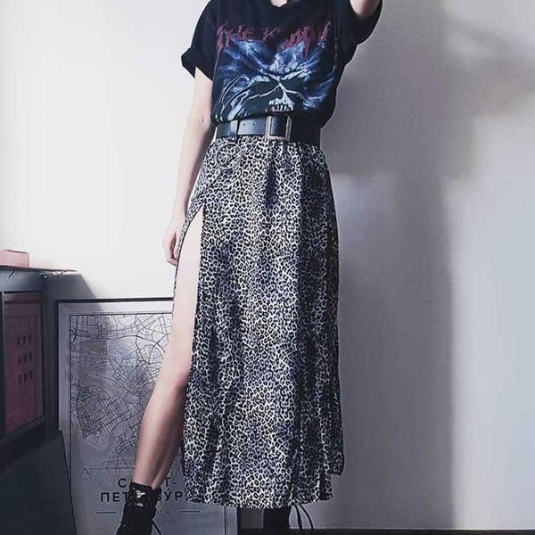 

skirts long for women's fashion leopard flower casual print high waist elastic slit skirt harajuku korean style femme, Black