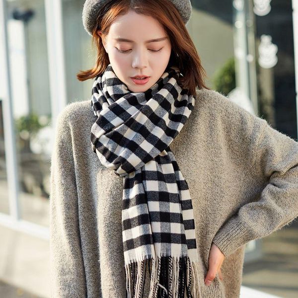 

hats, scarves & gloves sets 2021 women's winter european and american style cashmere plaid scarf thick tassel, Blue;gray