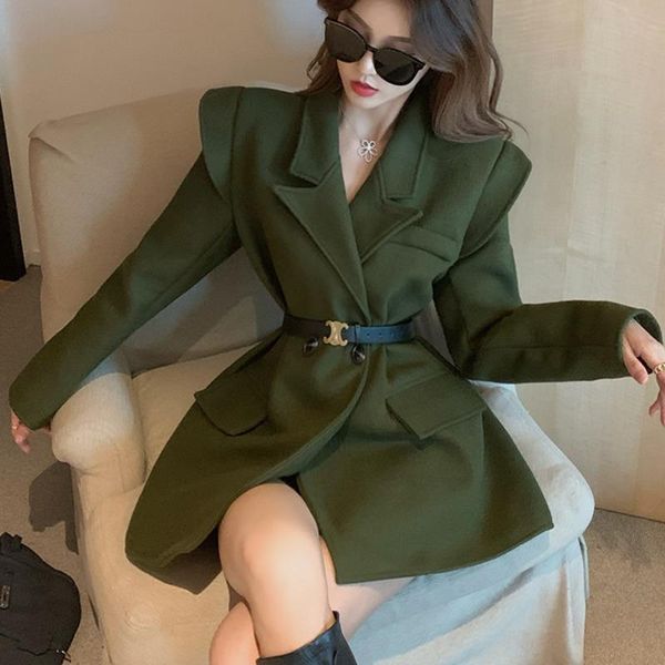 

women's suits & blazers korean chic autumn casual trend women solid color notched belt coat fashion double-sided tweed suit 2021 slim w, White;black