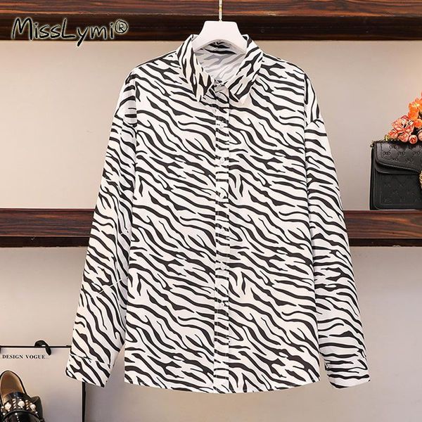 

l-4xl plus size women high street zebra stripe print shirt autumn 2021 oversized long sleeve loose casual ladies blouse women's blouse, White