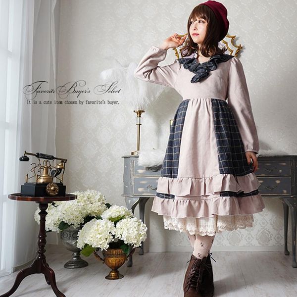 

casual dresses spring autumn mori girl lolita plaid patchwork dress women clothing ruffled long sleeved v-neck female princess a287, Black;gray