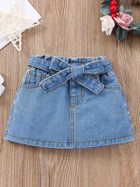 

baby slant pocket belted denim skirt she, Blue