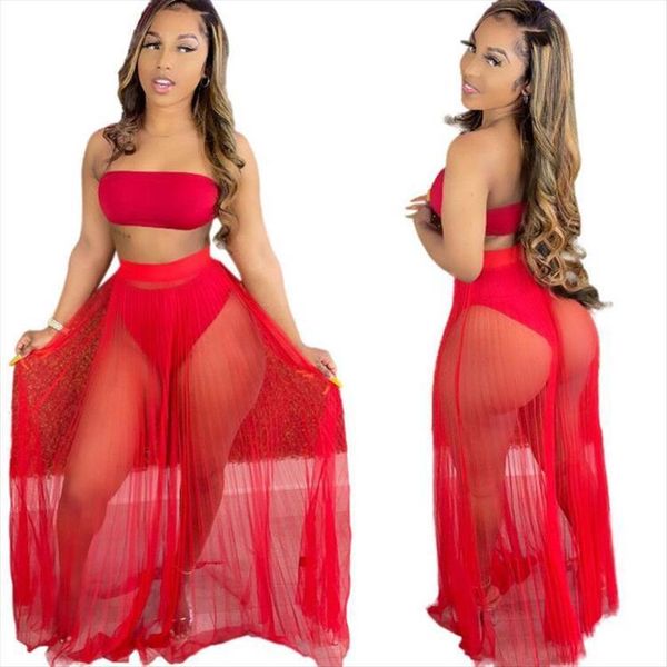 

rt set two womens tracksuits pieces strapless bra crop transparent gauze long skirt 2 outift, Gray