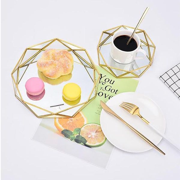 

kitchen storage & organization simple art geometric glass mirror tray fruit tea cup box luxury brass jewelry necklace display home deco