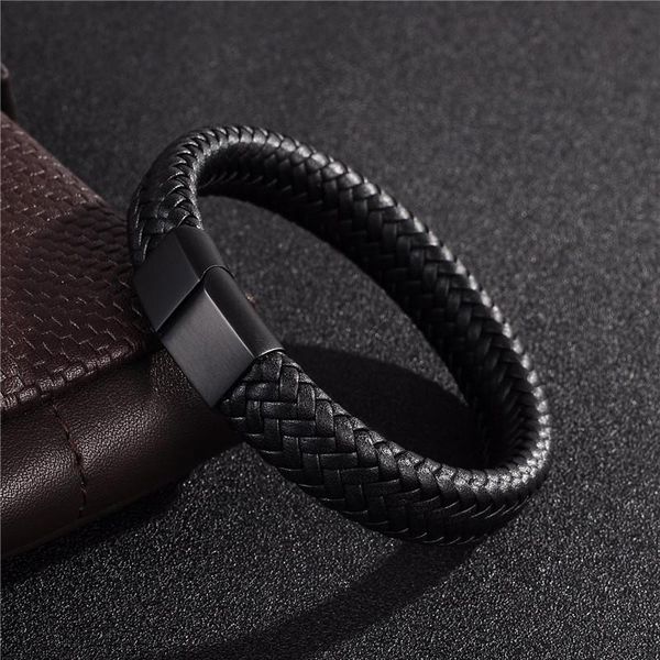 

jiayiqi punk men jewelry black/brown braided leather bracelet stainless steel magnetic clasp fashion bangles gift 18.5/22/20.5cm charm brace, Golden;silver