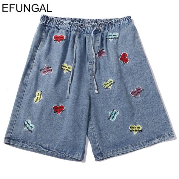 

shorts denim summer harem men heart letter embroidery hip hop knee length casual streetwear 2021 fashion pockets beach men's, White;black