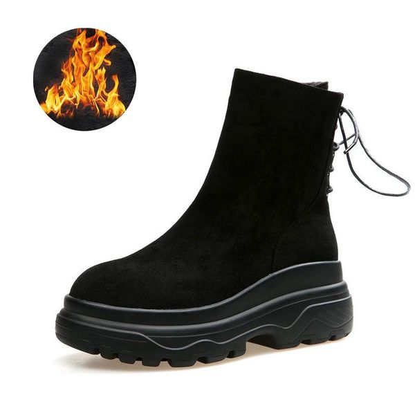 

boots 2021 winter women flock ankle fashion retro high shoes woman platform women's plus velvet locomotive, Black