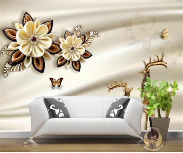 

wallpapers custom size 3d po wallpaper mural living room handmade flower golden deer picture sofa tv backdrop for wall
