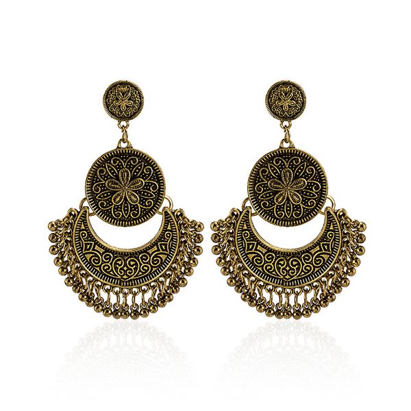

bohemian folk earrings pattern fan shaped bell tassel sun moon earrings, Silver