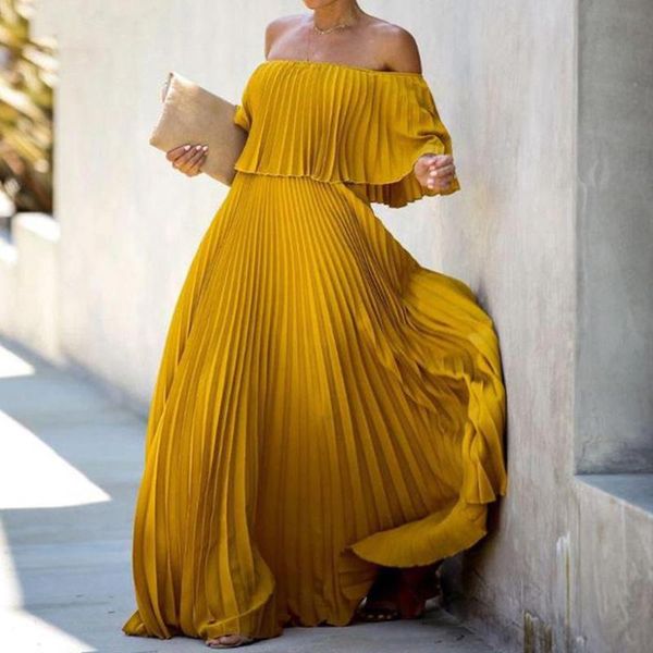 

casual dresses fashion lady pleated long party dress spring summer strapless maxi elegant ruffle off shoulder women chiffon, Black;gray