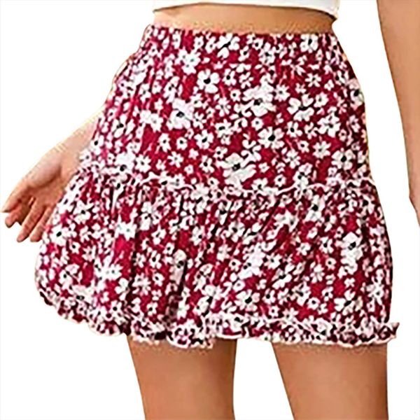 

summer mini floral printing women skirt high waist ruffles splicing holiday style clothes fashion midi lady, Black