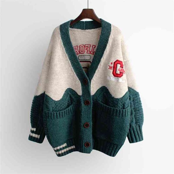 

women oversized cardigans v neck letters embroidery casual patchwork loose jumpers thick warm spring knit jacket coat 210430, White
