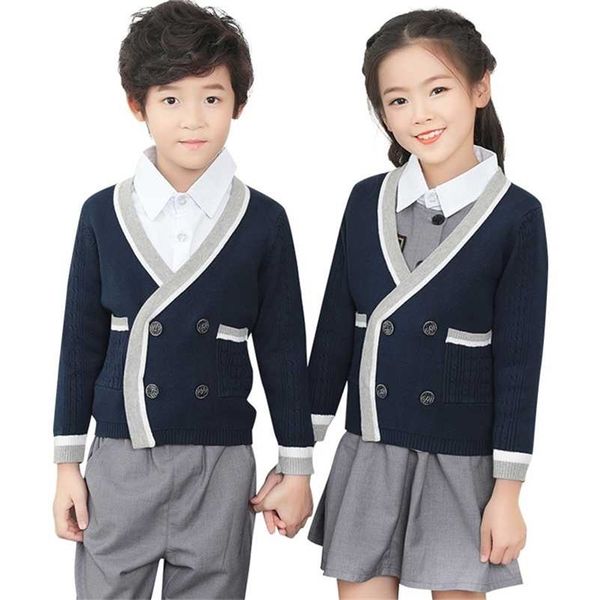 Inglaterra estilo crianças meninas de malha cardigans algodão crianças dupla peito outerwear casacos adolescente garoto marinho azul uniforme de escola 211106