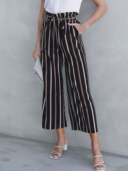 

paper bag waist vertical striped belted pants c3nr#, Black;white