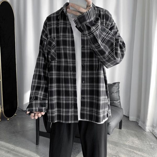 

men's casual shirts net ins high-grade shirt korean fashion ruffian handsome long sleeved plaid with coat imported-china modis, White;black