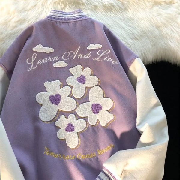 

women's jackets y2k harajuku sweet flowers baseball uniform autumn korean kawaii zip-up jacket japanese preppy style long sleeve outerw, Black;brown