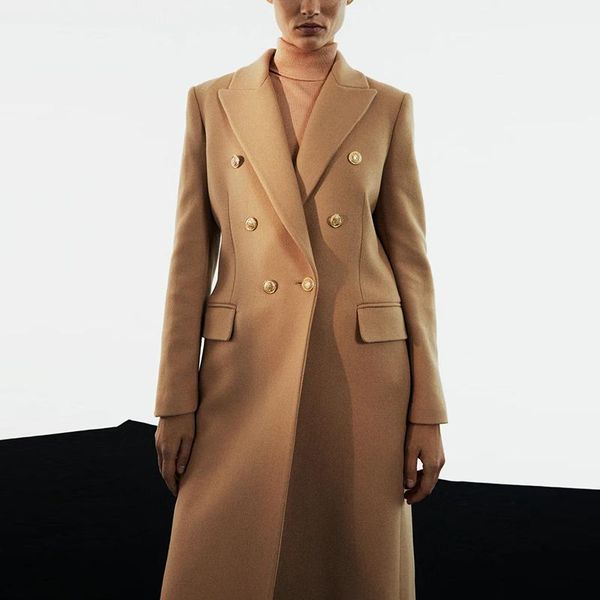 

women's wool & blends 2021 autumn women woolen coat turn down collar double breasted long camel warm casaco feminino, Black