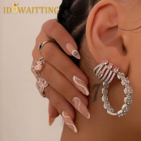 

hoop & huggie wholesale luxury 35mm big hoops round oval cz earrings full iced out bling cubic zirconia hip hop fashion jewelry for women gi, Golden;silver