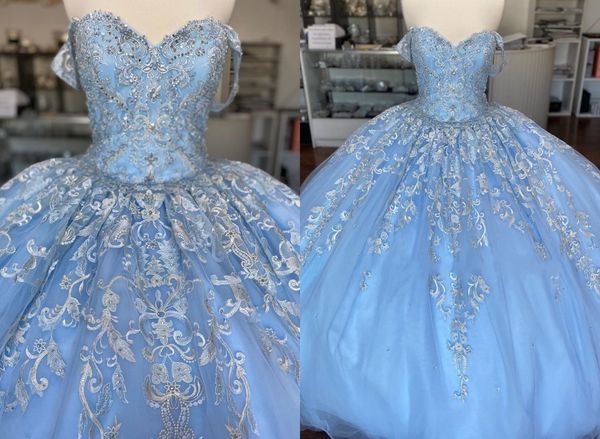 

modest light sky blue off the shoulder ball gown 2022 quinceanera dresses with sleeves tulle corset back vestido de 15 anos mexican charro x, Blue;red