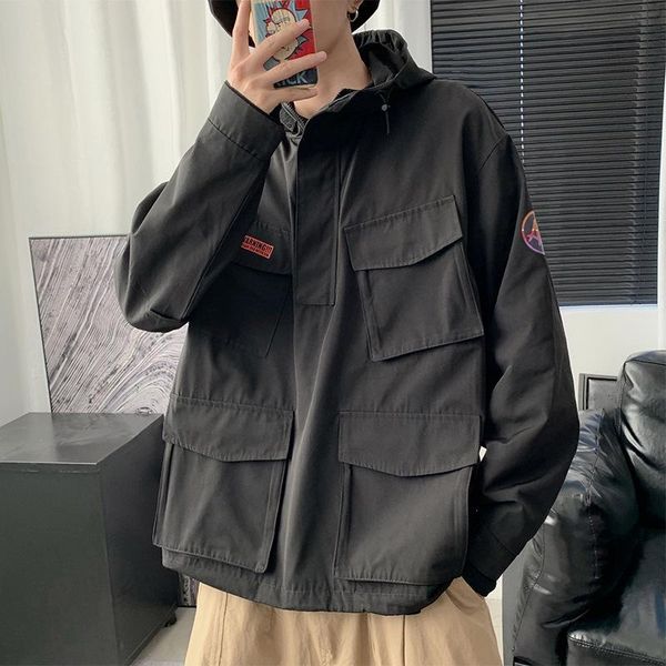 

men's jackets hooded workwear jacket casual trend japanese multi-pocket loose mens fashion clothing trends bjrm, Black;brown