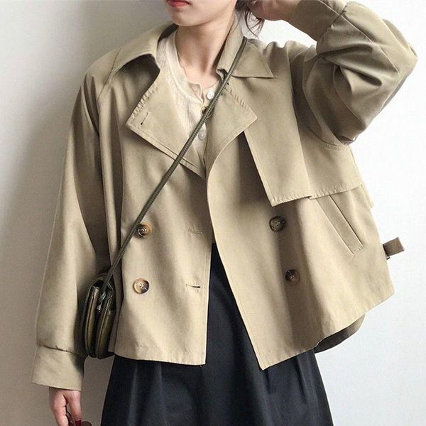 

women's trench coats safari style short women autumn winter 2021 turn-down collar pocket solid loose elegant female outwear, Tan;black