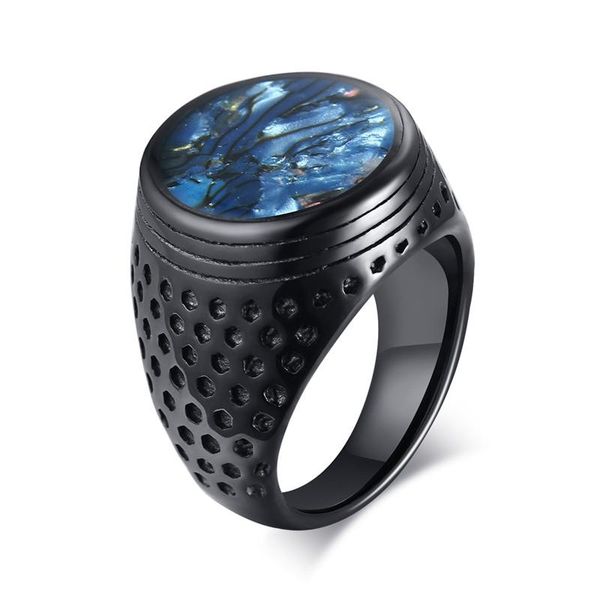 

wedding rings 1pcs 2021 brand punk vintage black stainless steel blue shell flat signet ring for men, Slivery;golden