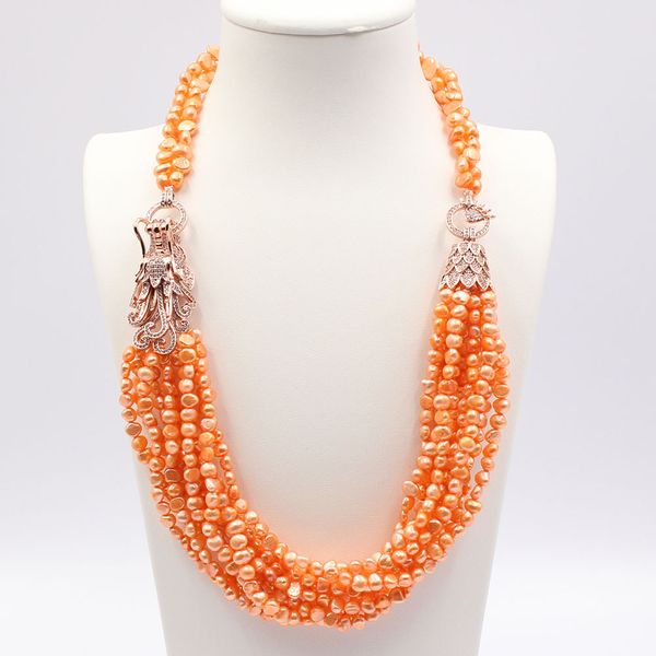 

guaiguai jewelry natural orange baroque keshi pearl necklace cz pave dragon rose gold color plated connector handmade for women, Silver
