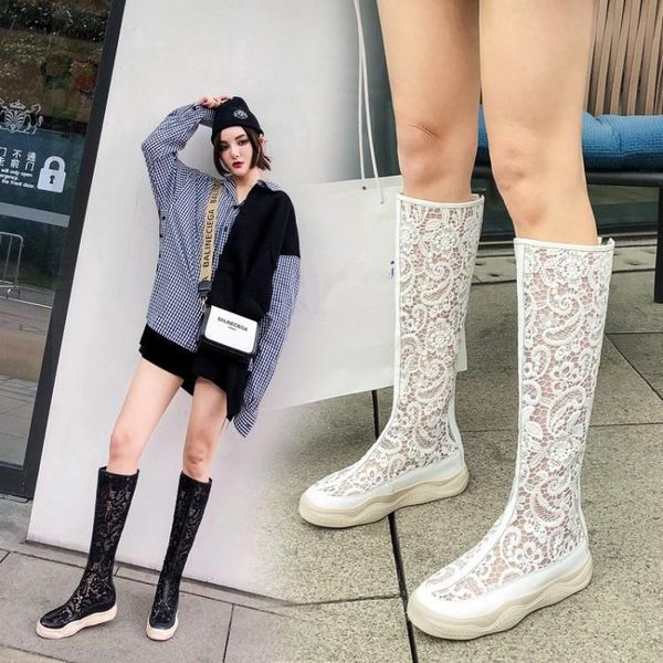 

lace mesh gladiator sandals knee high boots women summer 2021 breathable flat platform retro punk rock gothic shoes lady, Black