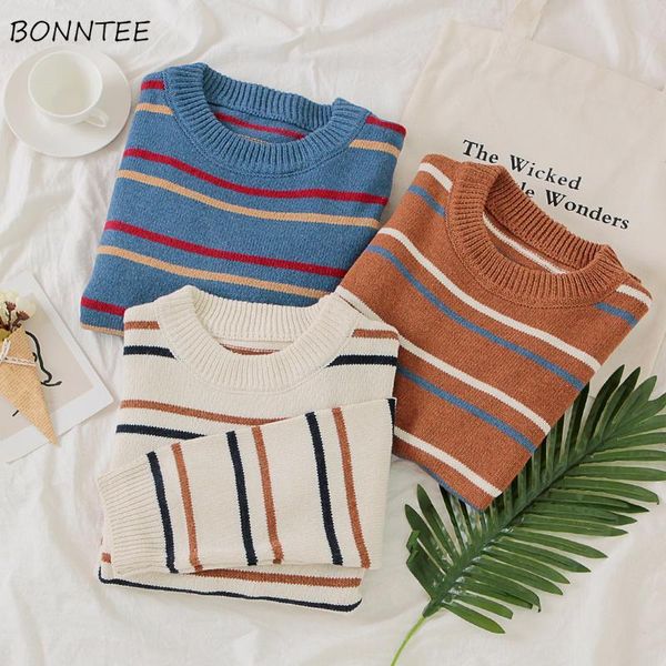 

women's sweaters women striped simple korean style knitted all-match loose students harajuku womens clothes o-neck sweater 2021, White;black