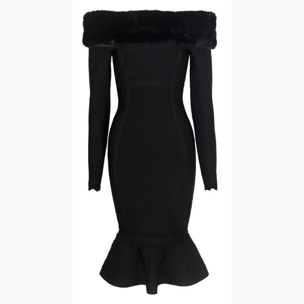 

casual dresses fashion black burgundy faux fur celebrity bandage dress long sleeve women slash neck knee length vestidos party, Black;gray