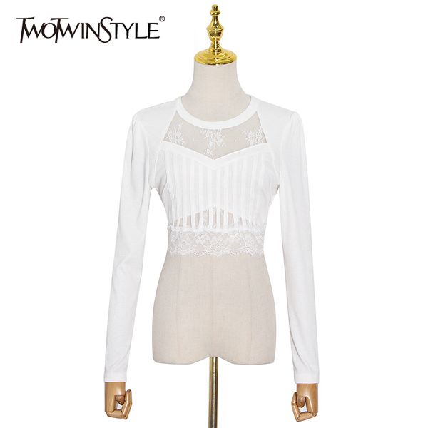 

twotwinstyle party patchwork lace t shirt for women o neck long sleeve slim black t shirts femlae fashion clothing 210517, White