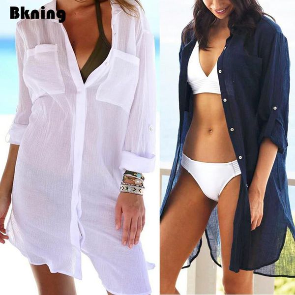

bknin kaftan beach cardigan 2021 summer pareo cover up for women tunics long sleeve pockets solid white cover-ups blouse dress women's, White;black