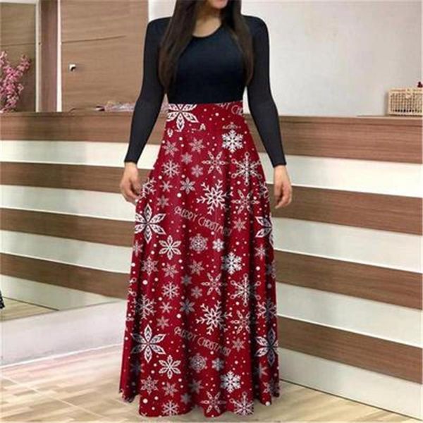 

casual dresses women long dress vinage cartoon snowman printed maxi autumn sleeve o-neck loose a-line vestidos, Black;gray