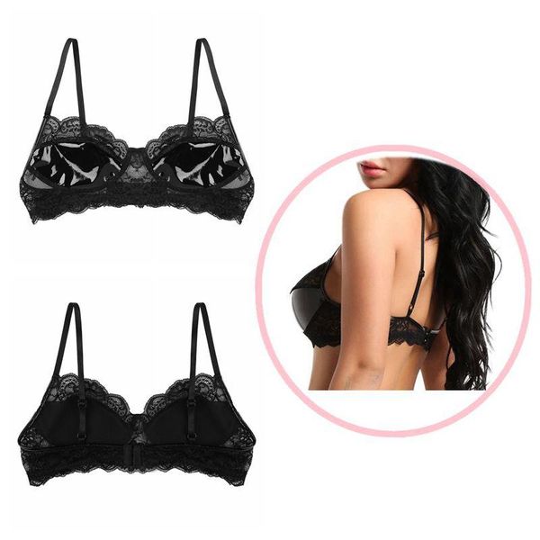 

bras womens black soft adjustable spaghetti straps lingerie lace faux leather wire-unlined bra for club stage performance, Red;black