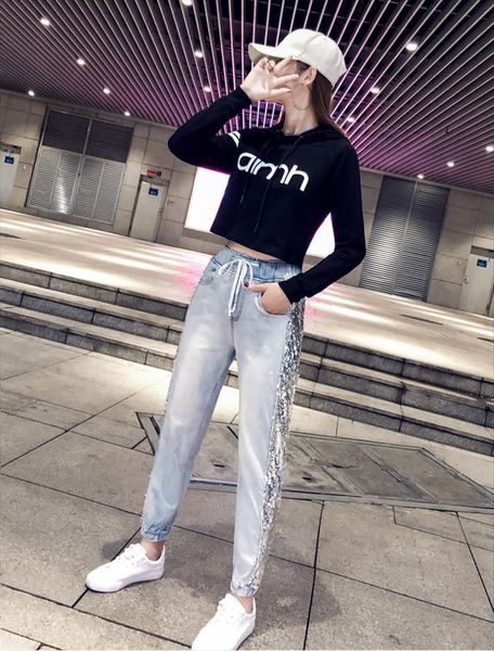 

fashion sequins jeans ripped womens pants harem spring autumn drawstring loose ladies plus size, Black;white