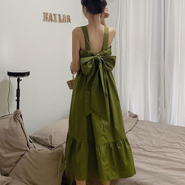 

casual dresses korean fashion green summer sling sweet kawaii backless bow tie lace up long robe clothe women vestiods, Black;gray