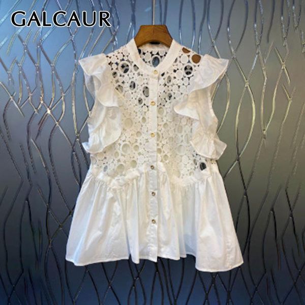 

women's blouses & shirts galcaur 2021 summer shirt o neck sleeveless patchwork ruffle hollow out with strap loose blouse female sweet f, White