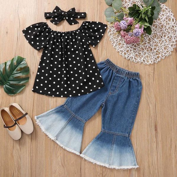

clothing sets kids set outfits toddler baby girl clothes summer fashion one-shoulder polka dot denim flared pants, White