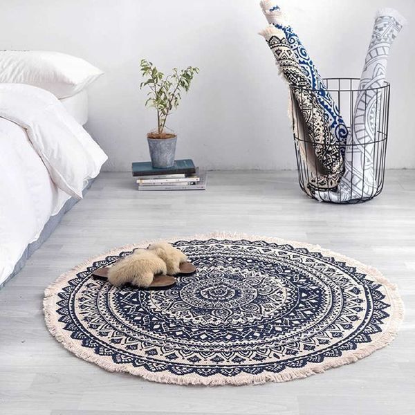 Marokko Round Teppich Schlafzimmer Boho -Stil Quaste Baumwollteppich Hand gewebtes nationales Klassiker Tapestry Sofa Kissen Tatami Bodenmatten 210626